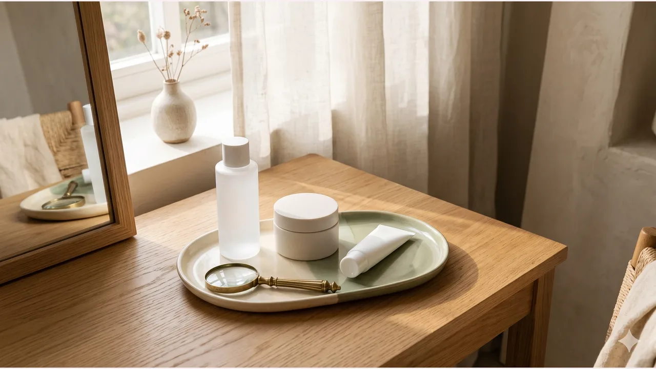 Blank frosted glass toner bottle, round cosmetic jar, white tube, and brass magnifying glass on a cream and sage ceramic tray on an oak vanity by a window