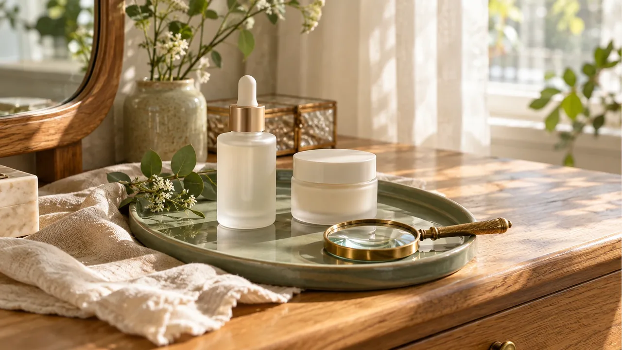An unbranded frosted glass dropper serum bottle and a small cream jar on an oak vanity table beside a brass magnifying glass and a cream ceramic tray