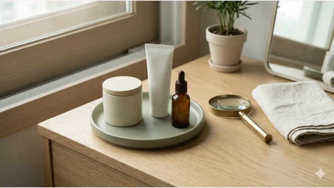An unbranded cream jar, white tube and amber bottle on an oak vanity beside a magnifying glass, a folded cream towel and a sage ceramic dish