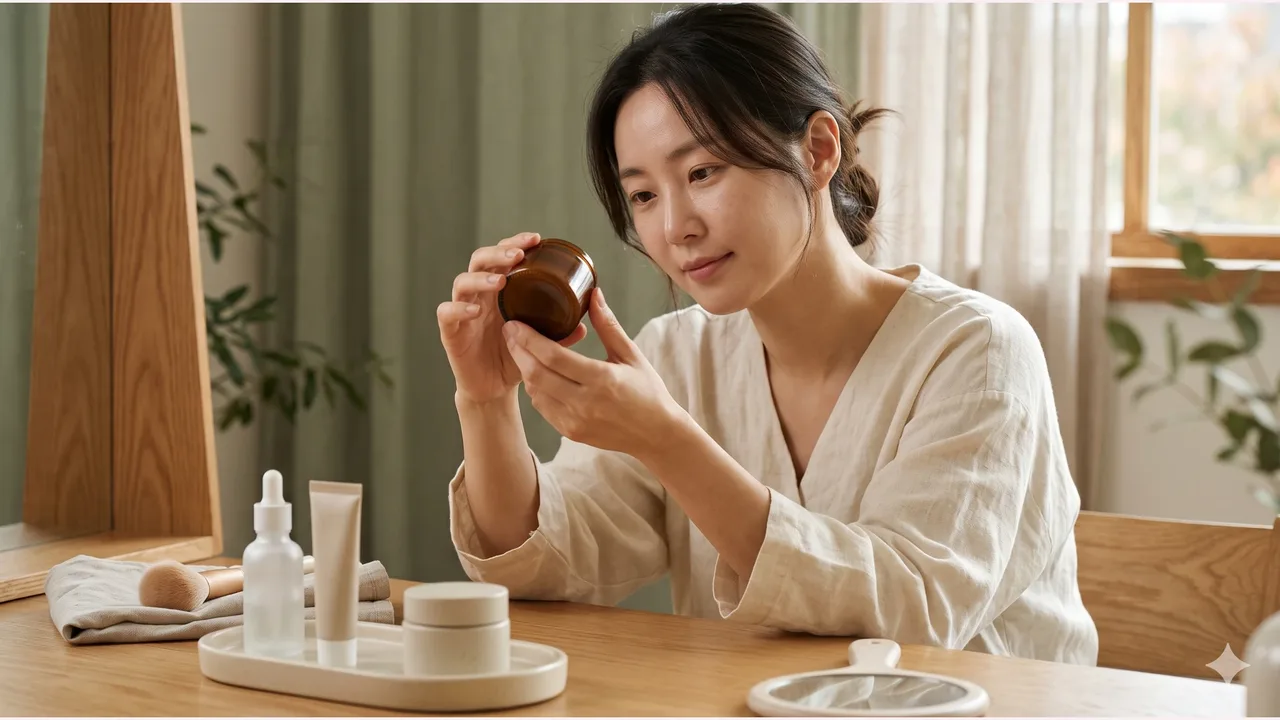 화장대 앞에서 무상표 갈색 용기를 들고 밑면을 살펴보는 한국 여성과 크림색 트레이 위 무상표 병과 튜브