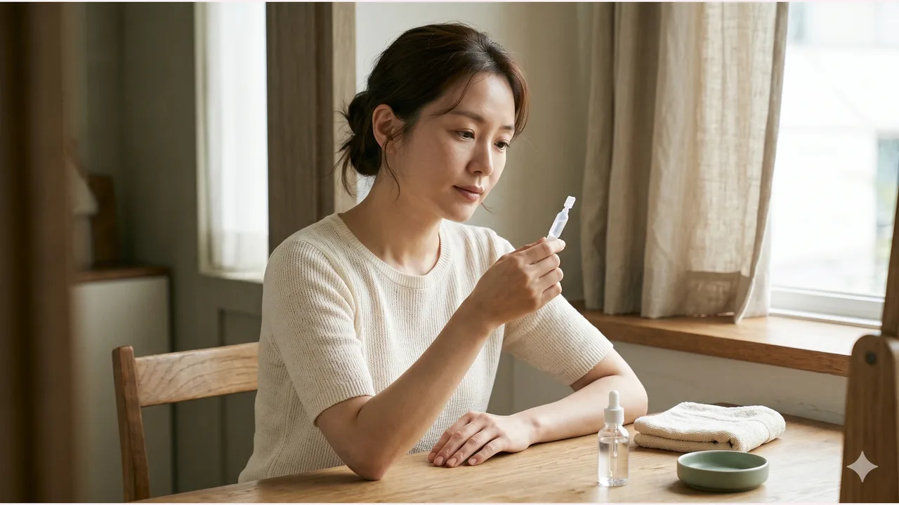 창가 오크 테이블에 앉은 한국 여성이 무상표 투명 일회용 앰플을 가슴 높이로 들고 살펴보는 모습, 옆에는 무상표 유리 스포이트 병과 접은 수건, 세이지색 도자기 접시