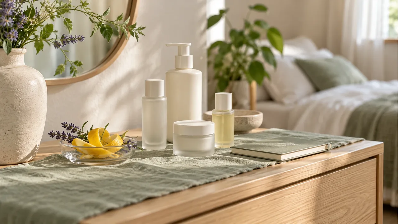 Blank skincare bottles and a cream jar on an oak dresser with a sage runner, beside a glass dish of lemon peel and lavender and a closed notebook