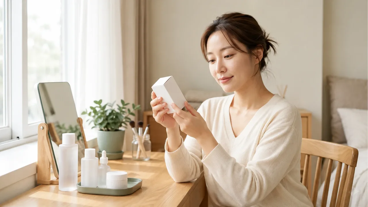A woman in a cream knit sweater examining a blank white box held in both hands at an oak vanity