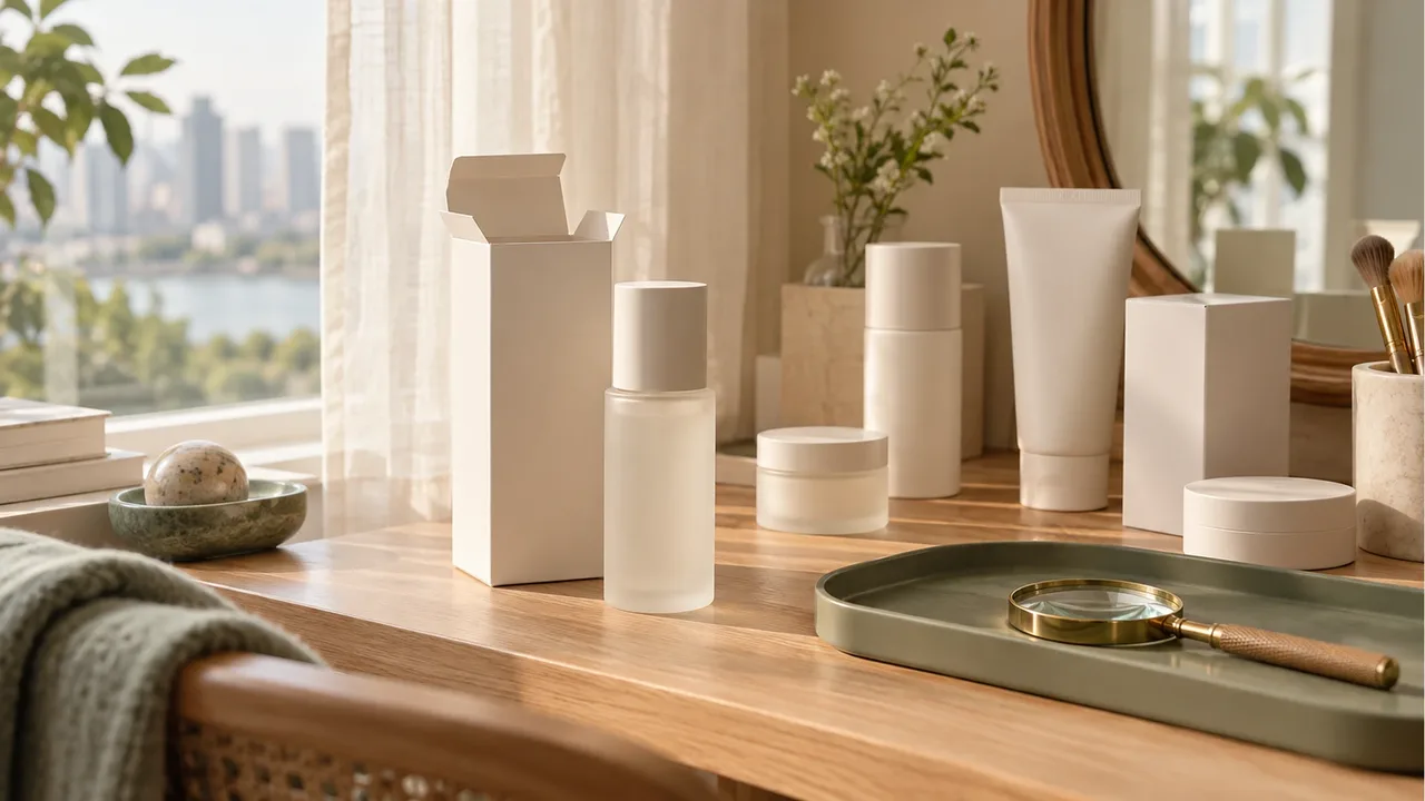 Blank white cosmetic boxes and bottles on an oak vanity by a window, one box open, with a brass magnifying glass on a sage tray