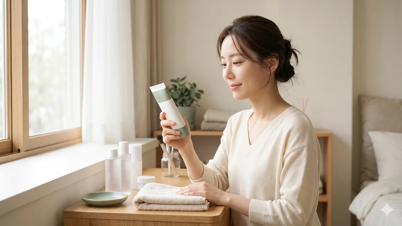 크림색 니트를 입은 여성이 창가 선반 앞에서 글자 없는 흰색·세이지색 선크림 튜브를 들고 뒷면을 살펴보는 모습